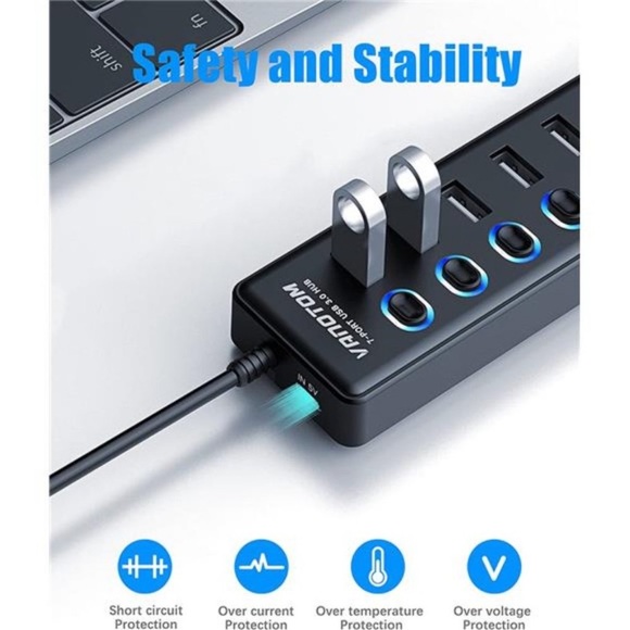 USB 3.0 Hub, 7-Port USB Hub Splitter with LED, 3ft Extended Long Cable - Picture 4 of 7